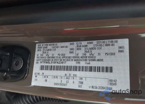 2025 Ford F-150 Lariat z USA, uszkodzony, nr VIN 1FTFW5L51SFA23817